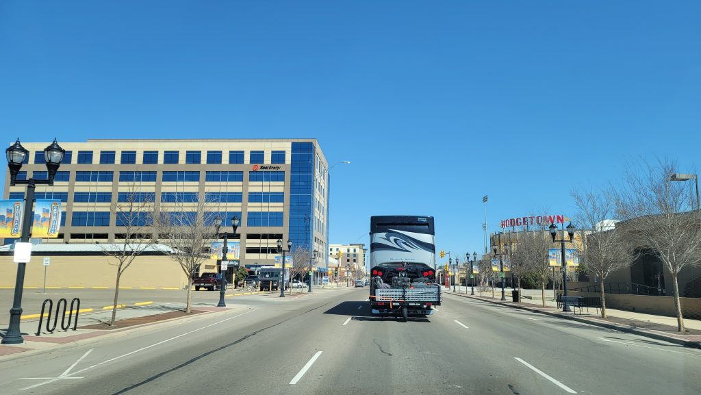 Driving through downtown Amarillo with Xcel Energy on the left